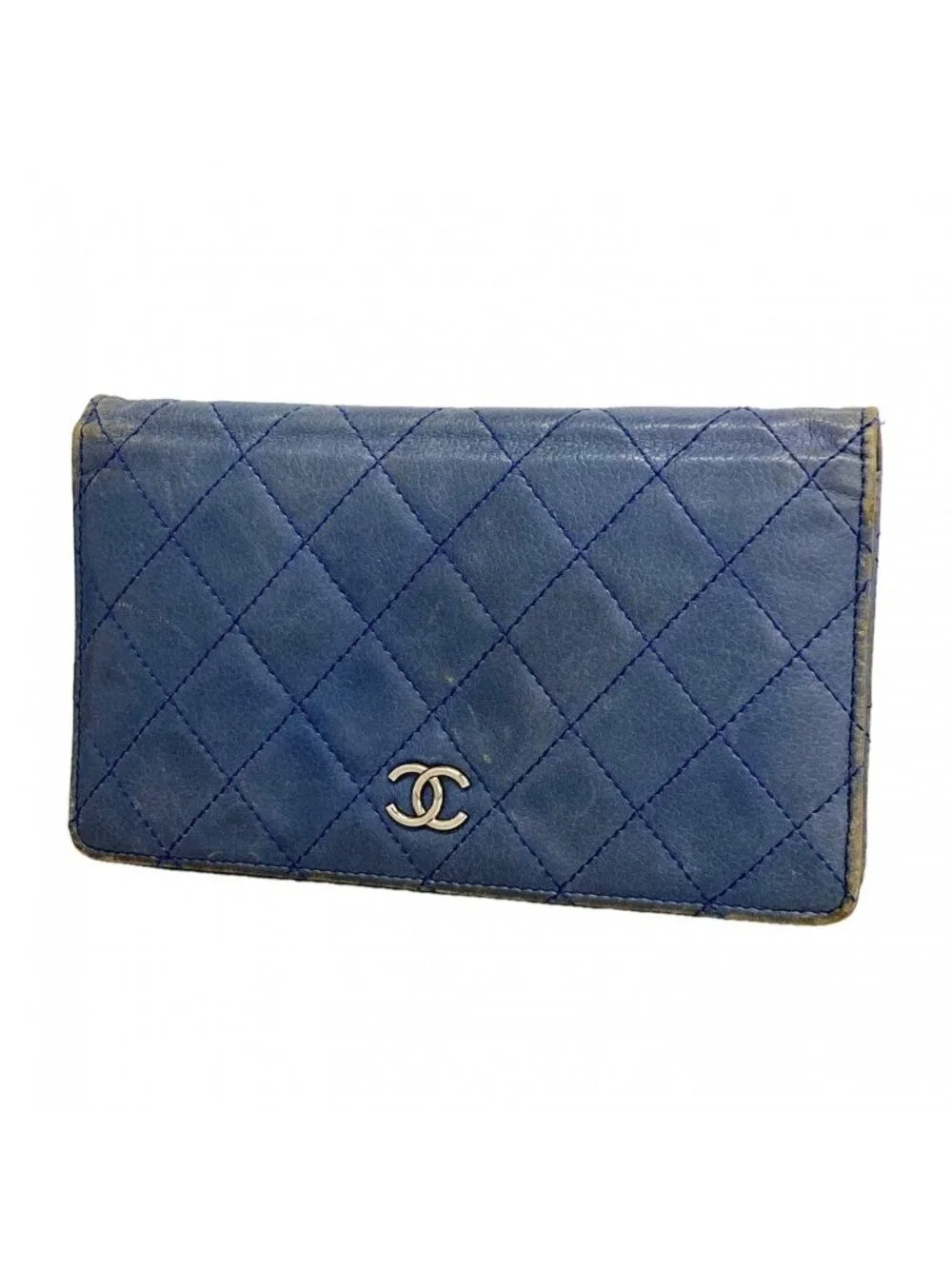 Chanel Wallet Quilted Caviar Leather Blue Silver